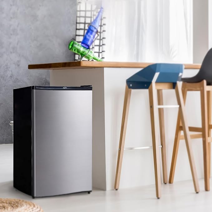 Koolatron Stainless Steel Compact Fridge with Freezer, 4.4 cu ft (124L), Silver and Black, Flat Back, Reversible Door, for Snacks, Frozen Meals, Beverages, Beer, Den, Dorm, Office, Rec Room, Home Bar