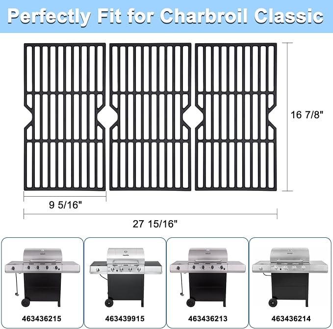 Grill Replacement Parts for Charbroil 4 Burner 463436215, 463439915, 463436213, 463436214, G432-001N-W1, 16 7/8" Cast Iron Grill Grates, Burner Tubes, Heat Plates, Carryover Tubes, Igniters.