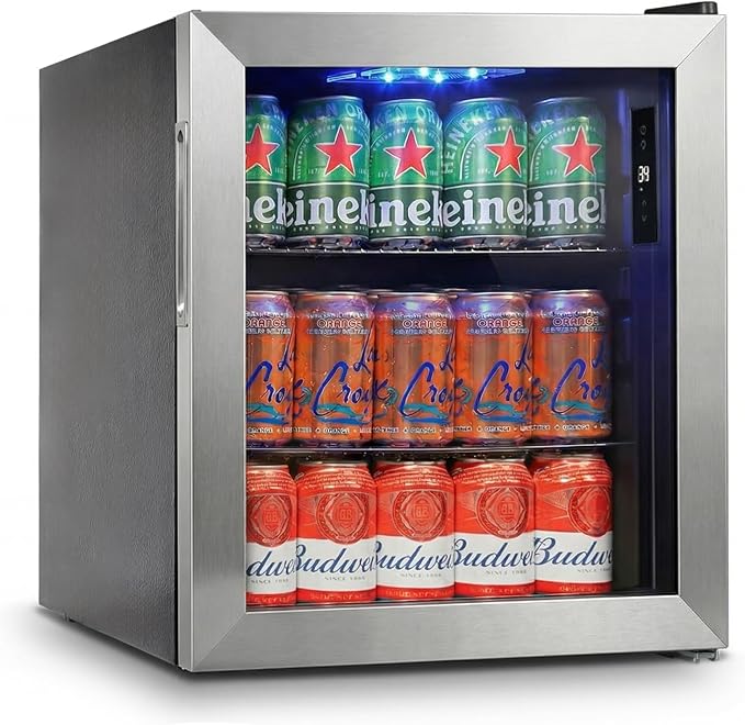 FoMup Mini Fridge 50 Can, Small Beverage Refrigerator with Reversible Glass Door, Countertop Drink Cooler with Temperature Control, Compact Beer Soda Fridge for Office Dorm Kitchen, Stainless Steel