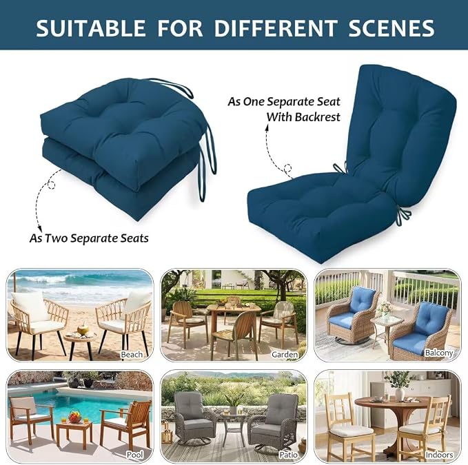 Outdoor Chair Cushions Set of 2, 19"x19" Tufted Outdoor Seat Cushions, Waterproof Patio Furniture Cushions,Navy Blue