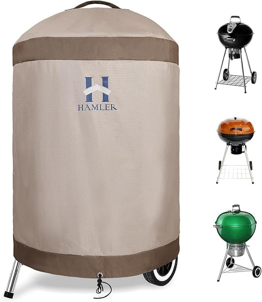 HAMLER Round Barbecue Cover, 21 Inch Small Smoker Cover, Heavy Duty Waterproof Outdoor Grill Cover Fits Weber, Charcoal Kettle, Masterbuilt, Dyna-Glo, Brown & Beige