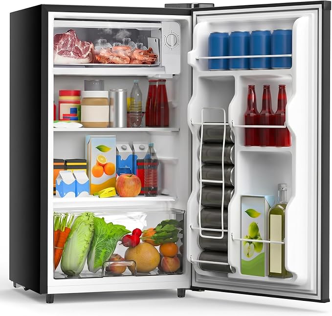OLIXIS 3.2 Cu.Ft Mini Fridge with Freezer, Single Door Compact Refrigerator | Adjustable Thermostat, 5-Level Thermostat, for Bedroom Office Dorm, LED Interior Light, Black