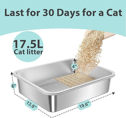 Stainless Steel Sifting Litter Box for Pine Pellets,Sifting Cat Litter Box for Wood Pellets,Extra Large Sifter Litter Pan System with Litte Liners and Scoop-20 ''Lx 13.8''W x 6''H