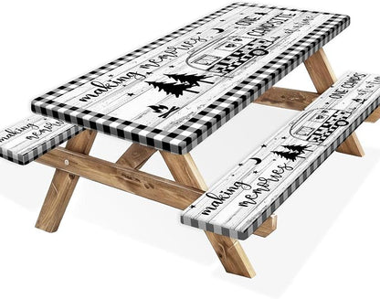 Picnic Table Cover with Bench Covers Elastic Edges, Camper Plaid Wooden Fitted Table Cover, Outdoor Patio Camping Essentials 60 Inch 3PCS, Waterproof Camping Fitted Tablecloth with Drawstring Bag