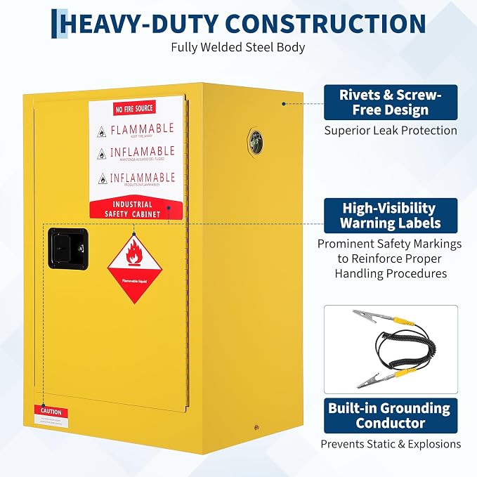 Hazardous Storage Flammable Cabinets, Fire Resistant Safety Cabinet for Flammable Liquids | Cold-Rolled Steel Construction w/Spill Containment Tray, Ventilation Holes & Grounding | Adjustable Shelf