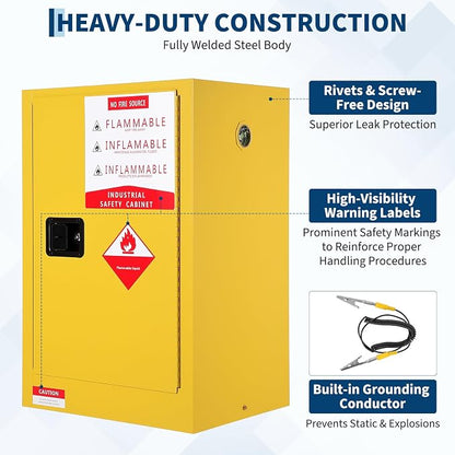 Hazardous Storage Flammable Cabinets, Fire Resistant Safety Cabinet for Flammable Liquids | Cold-Rolled Steel Construction w/Spill Containment Tray, Ventilation Holes & Grounding | Adjustable Shelf
