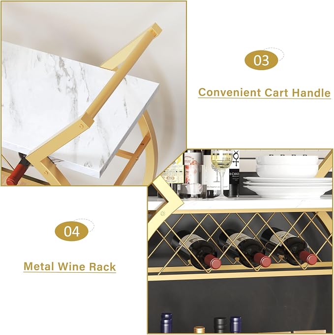 LVB Gold Bar Cart with Wheels, Modern White Marble Home Bar Serving Cart | Drink Cart with Wine Rack, Metal Wooden Beverage Cart, Rolling Kitchen Cart for Home Dining Room,Gold White Marble