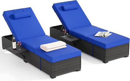 Garvee 2-Pack Adjustable Chaise Lounge Chairs with Side Table, 5-Position PE Rattan Recliners with Sky Blue Cushions & Headrest, All-Weather Brown Wicker Pool Loungers for Patio Garden Deck