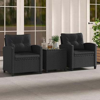 HAPPYGRILL 3 Pieces Wicker Patio Conversation Set, PE Rattan Bistro Sofa Set with Tempered Glass Coffee Table, Washable Cushions, Outdoor Furniture Set for Garden Poolside Balcony (Black)