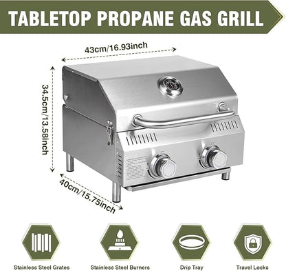 All-in-One Outdoor Grill Table with Built-in 2-Burner Propane Grill – Portable Stainless Steel Cooking Station with Storage, Hooks & Lockable Wheels for Camping, Tailgating, Backyard BBQ