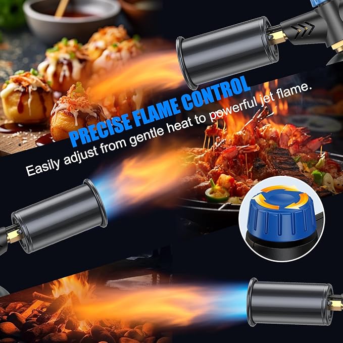 Propane torch with Ergonomic handle, One-Touch Ignition, Adjustable Flame, Propane torch gun with One-Piece Safety Design Ideal for Grill & Cooking, Sous Vide, Searing Steak, BBQ, Campfire Starter