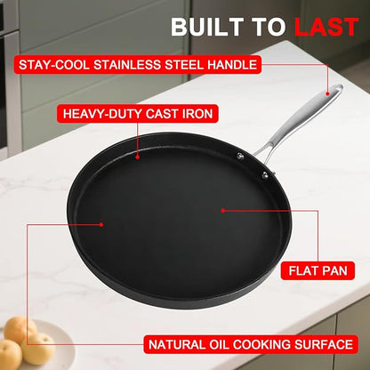 12" Cast Iron Griddle Pan with Stainlessl Steel Handle, Pre-Seasoned Nonstick Round Skillet for Stovetop, Oven and Grill, Perfect for Pancakes, Crepes, Tawa, Dosa, Tortilla