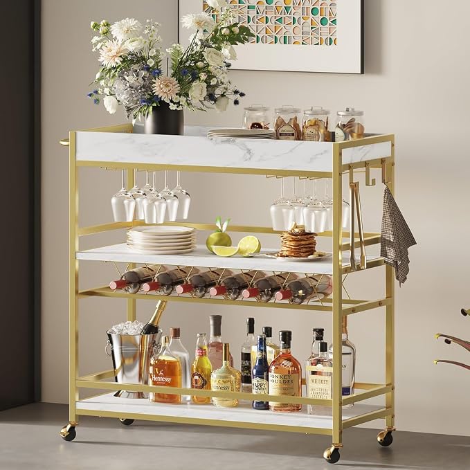 Gold Bar Cart on Wheels for Home with Wine Rack & Glass Holders | 3-Tier, Rolling Serving Cart for liquor, Wine and Beverages, Lockable Mobile Wheels for Home Bars, Faux Marble+ Gold Frame