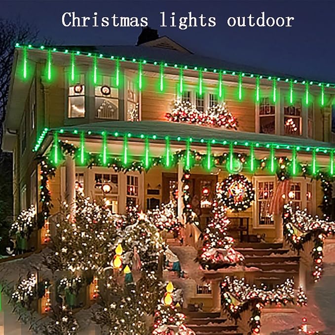 Green Meteor Shower Lights for Halloween Christmas Alien Decoration Outdoor | 16 Tubes, Equivalent to 2 Sets of 8-Tube, Green Icicle Lights for Halloween Xmas St. Patrick's Day Alien Decor, UL Plug