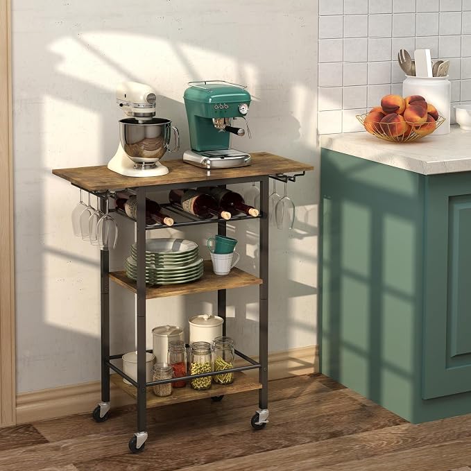 LAATOOREE Bar Cart, Home Bar Serving Cart, 3 Tier Mobile Drink Beverage Cart, Rolling Kitchen Shelf with Wine and Glass Holders, for Dinning Room, Living Room, Kitchen