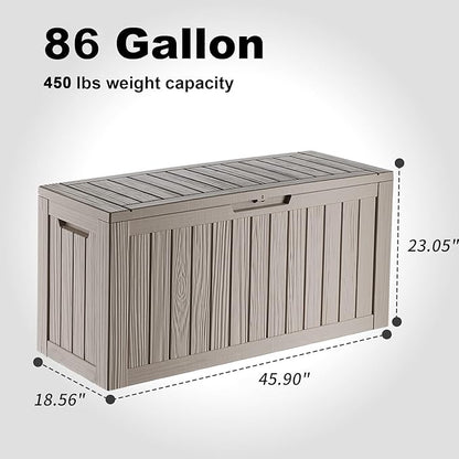 Waterproof Outdoor Storage Box, 86 Gallon Lockable Deck Box, UV-Resistant Outside Storage Bin With Hydraulic Lid For Patio Furniture, Cushion Organizer, Garden Tools, Pool Accessories, Grey