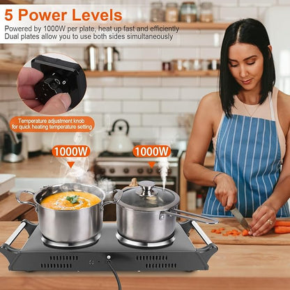 Double Burner Electric Hot Plate, 2000W 2 Burner Electric Cooktop, Portable Countertop Stove with 5-Level Temperature Control and Stay-Cool Handles, for RV, Home, and Camping