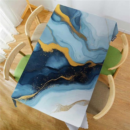 Swono Blue Gold Marble 52"X70" Oblong Table Cloth Natural Swirl Fluid Marble Wrinkle Free Table Cover Farmhouse Tablecloth for Home Restaurant Picnic Indoor Outdoor Dining