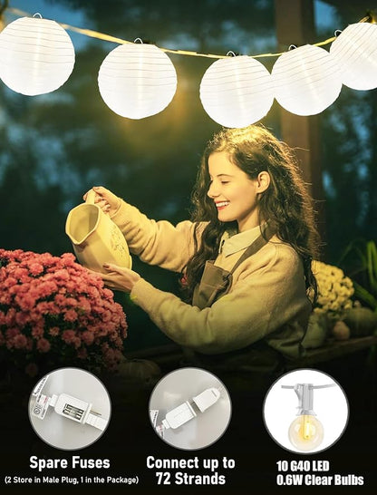 Lantern String Lights Outdoor, 27.5FT White Lantern String Lights Plug in with 10 Nylon Lanterns and G40 LED Bulbs, Hanging Light Strings Waterproof for Indoor Bedroom Outdoor Patio Wedding Party
