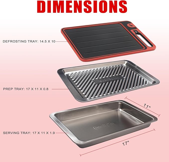 Grilling Prep and Serve Trays, Set of 3 Stackable Stainless Steel BBQ Trays with Cutting Board, Deep Marinating Container, Serving Platter for Plating Food, BBQ Prep Tub for Marinating Meats