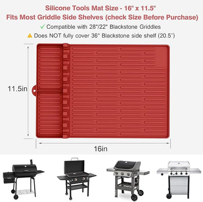 Silicone Grill Mat Compatible with Blackstone, BBQ Griddle Tools Mat with Drip Pad, Large Spatula Holder for Outdoor Kitchen Counter, Gifts for Men (red)