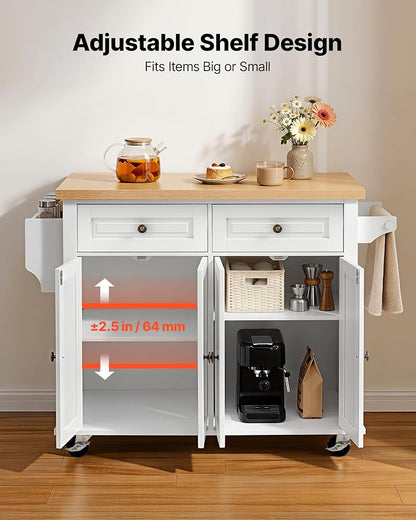 VEVOR Kitchen Island Cart with Storage, 43.7 in Wide Mobile Rolling Storage Island on Swivel Wheels, with 2 Drawers, Storage Cabinet, Spice/Towel Rack, Hooks, Table for Home Dining Room, White | Home Dining Use, Spice Towel Rack With Hooks, Cabinet She...