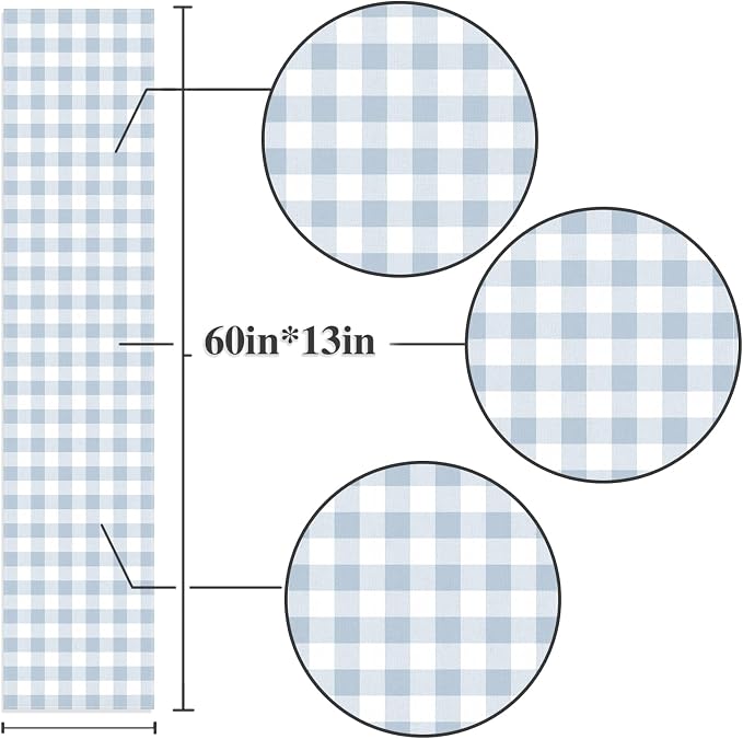 Dusty Blue Gingham Table Runner Light Blue Checkered Boy Girl Baby Shower Birthday Party Decoration Home Dining Kitchen Island Decor (13" x 60")