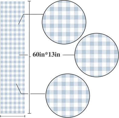 Dusty Blue Gingham Table Runner Light Blue Checkered Boy Girl Baby Shower Birthday Party Decoration Home Dining Kitchen Island Decor (13" x 60")
