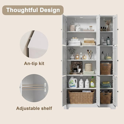 ChooChoo 63.2" Tall Bathroom Storage Cabinet with 9 Doors | Narrow Floor Cabinet, Adjustable Shelves, Slim Pantry Cabinet for Bathroom, Kitchen, Laundry Room, White
