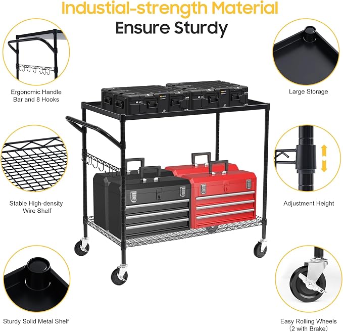 2-Tier Utility Cart with Wheels, Metal Cart with 1000LBS Capacity, NSF Heavy Duty Rolling Cart, Commercial Grade Serving Tool Storage Carts for Warehouse Garage Kitchen, 24"D x 40"W x 39"H, Black