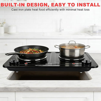 Double Burner Electric Hot Plate, 1800W Cast Iron Heating with Adjustable Temperature Control, Stainless Steel Body for Home, Dorm & Commercial Use