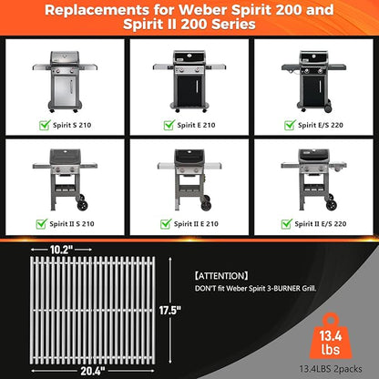 7637 9MM Grill Parts for Weber Spirit E210, E220, S210, S215, Spirit 200 & GS4 Spirit II E210, Spirit II E220 Series with Front-Mounted Control, 17.5'' SUS304 Stainless Steel Grates for Weber 7637