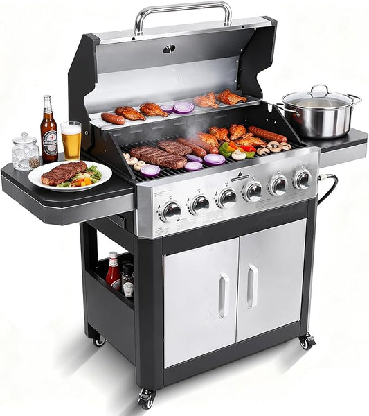 6-Burner Propane Gas Grill with 60000 BTU, Heavy Duty Cast Iron Cooking Grates Stainless Steel Warming Rack and Side Tables, BBQ Grill for Outdoor Backyard Cooking and Patio Parties, Black
