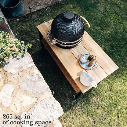 Ash & Ember 18" Kamado Grill Kit with Aluminum Table, Grade A Teak Shelves, Built-In Thermometer, Airflow Vent, Heat Deflector, Ash Drawer, Ash Tool, Clip Tool, Protective Cover Included