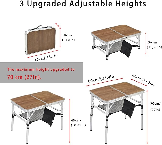 Small Folding Camping Table, 2ft Portable Picnic Table Aluminum 24" x 16" Folding Table, 3 Adjustable Heights Portable Lightweight Table Dining Table for RV, Picnic, Beach (Wood Pattern)