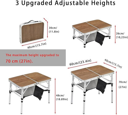 Small Folding Camping Table, 2ft Portable Picnic Table Aluminum 24" x 16" Folding Table, 3 Adjustable Heights Portable Lightweight Table Dining Table for RV, Picnic, Beach (Wood Pattern)