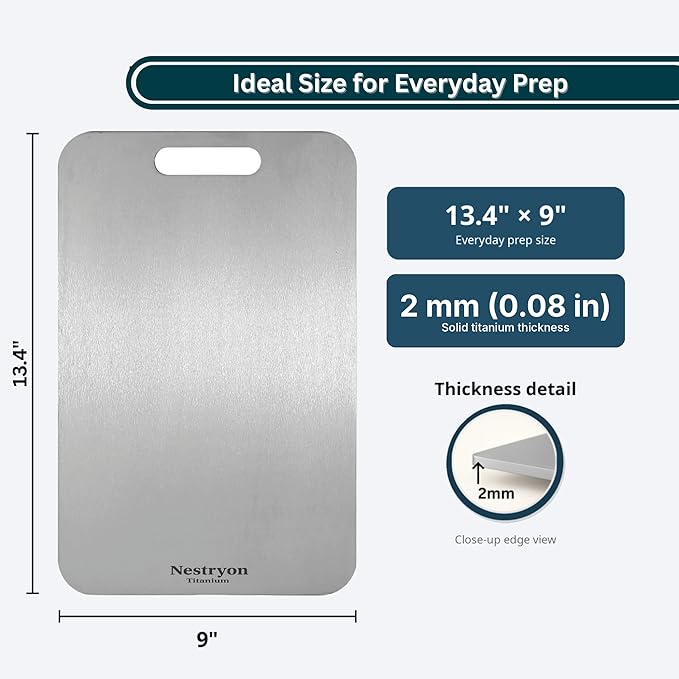 Titanium Cutting Board (13.4" x 9") - 2mm Extra Thick Pure Titanium Chopping Board for Meat & Veggies, Durable Non-Porous & Knife-Safe