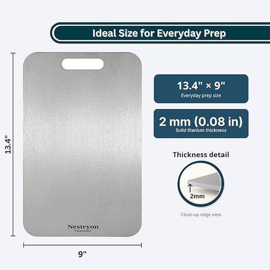 Titanium Cutting Board (13.4" x 9") - 2mm Extra Thick Pure Titanium Chopping Board for Meat & Veggies, Durable Non-Porous & Knife-Safe