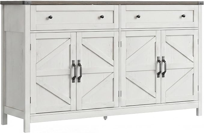 ChooChoo 55" W Coffee Bar Cabinet, Kitchen Storage Cabinet with 2 Drawers | Farmhouse Sideboard Buffet Cabinet, Adjustable Shelf & 4 Doors, Rustic White