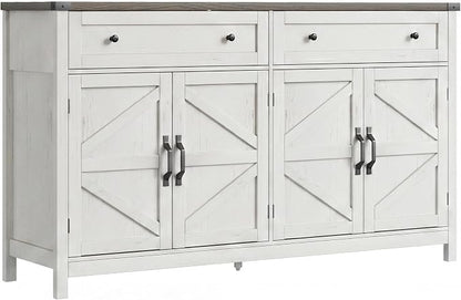 ChooChoo 55" W Coffee Bar Cabinet, Kitchen Storage Cabinet with 2 Drawers | Farmhouse Sideboard Buffet Cabinet, Adjustable Shelf & 4 Doors, Rustic White