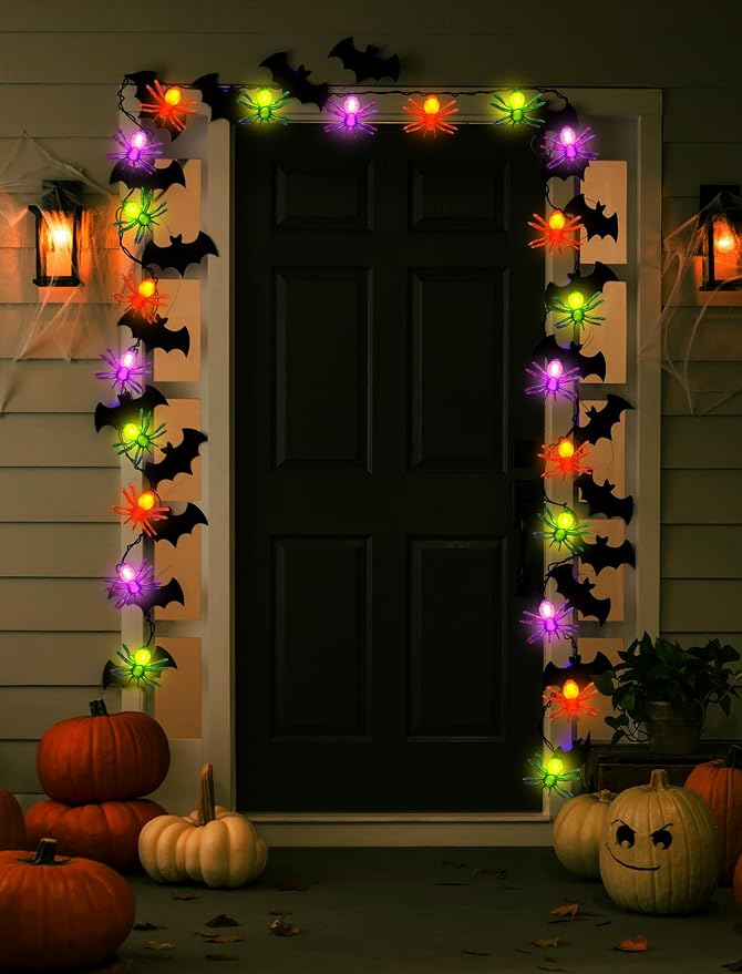 Halloween Spider String Lights Outdoor, 8.5Ft Halloween Decorations Lights with 10 LED Orange Green Purple Spider Lights, Hanging Multicolor Spider Light for Indoor Window Patio Curtain Holiday Decor