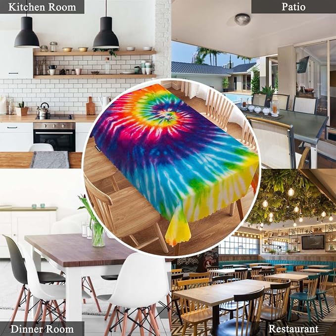 Swono Tablecloth Tie Dye, Abstract Rainbow Swirl Tie Dye Table Cloth for Kitchen Dining Tabletop Decoration Parties Weddings, 52 X 70 Inch Rectangle Tablecloth