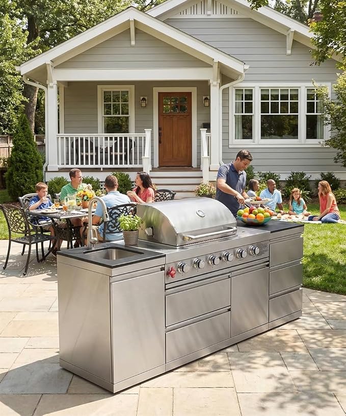 BBQ Outdoor Kitchen Island Grill Barbecue Modular Patio Kitchens Kits with Electric Rotisserie, Sink, fridge, and Burner for More than 10 People