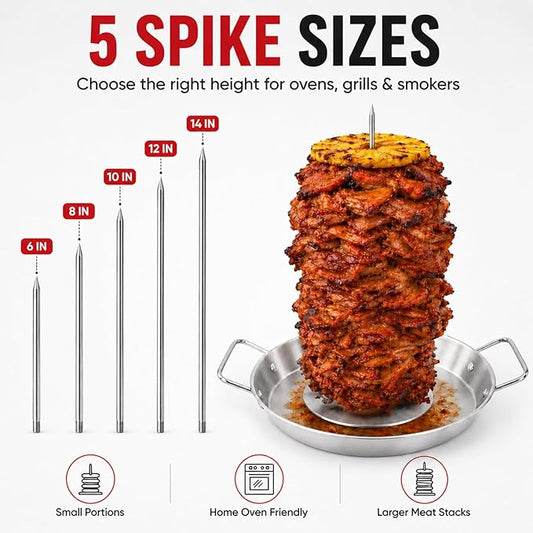 Al Pastor Skewer for Grill, 13 Inch Stainless Steel Vertical Skewer Pan with 5 Spikes, Grease Separator Tray, Tongs, Gloves & Basting Brushes, Shawarma Gyro Kebab Stand for Oven Smoker BBQ