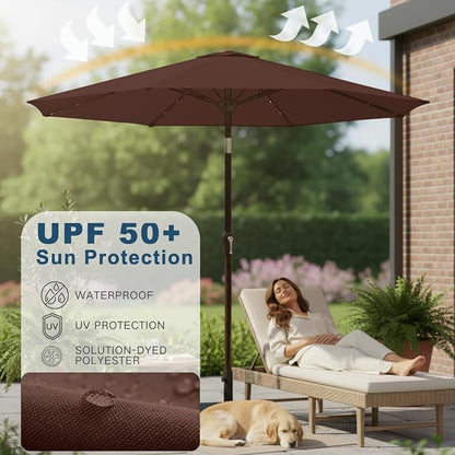 9' Solar LED Patio Umbrella with Tilt & Crank|8 Sturdy Ribs,UV Protection,Outdoor Market Table Umbrella for Deck,Lawn,Pool,Backyard(Brown)
