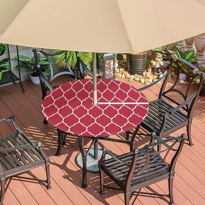 Round Tablecloth with Umbrella Hole and Zipper Moroccan Pattern Outdoor Elastic Fitted Table Cloth 36"-44" Oil-Proof Waterproof Burgundy Red Patio Table Cover for Picnic Party