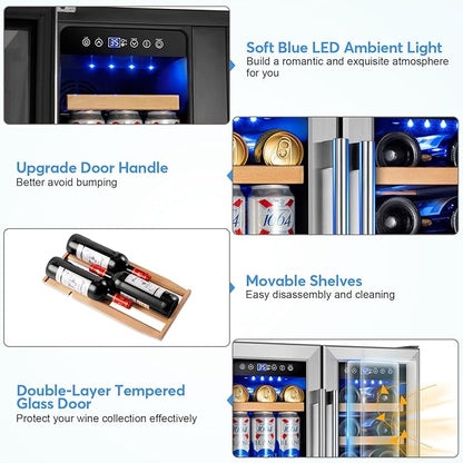 24" Dual Zone Wine and Beverage Refrigerator, Under Counter with Glass Door | 18-Bottle 88-Can capacity, Fast cooling, LED blue light, Temp control, Energy efficient compressor, Freestanding or built-in