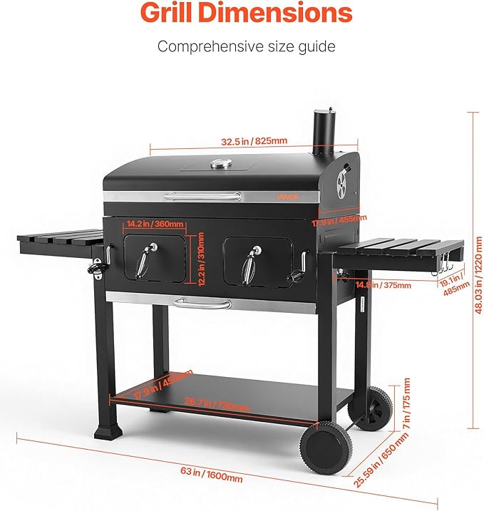 VEVOR Charcoal Grill, 780 sq.in. Extra-Large Charcoal Barbecue Grill with 2 Liftable Charcoal Trays & Folding Side Tables, High-Temp Powder-Coated Steel BBQ Cooking Grills for Patio Backyard Parties