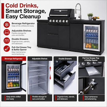 82-Inch Outdoor Kitchen Island, 6-Burner 85,000 BTU Modular Propane Gas Stainless Steel BBQ Grill with Refrigerator, Rotisserie Kit, Stainless Steel Countertop, Storage Cabinets & Drawers, Black