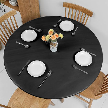 Romanstile Round Fitted Vinyl Tablecloth with Elastic Edge 100% Waterproof | Table Covers for 45"- 56" Tables, Wipeable Flannel Backed Plastic Table Cloths for Dinner, Picnic, Camping, Outdoor, Black